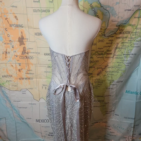 Alglist Silver Beaded Strapless Dress Lace Up Back Size 8 - Picture 9 of 17